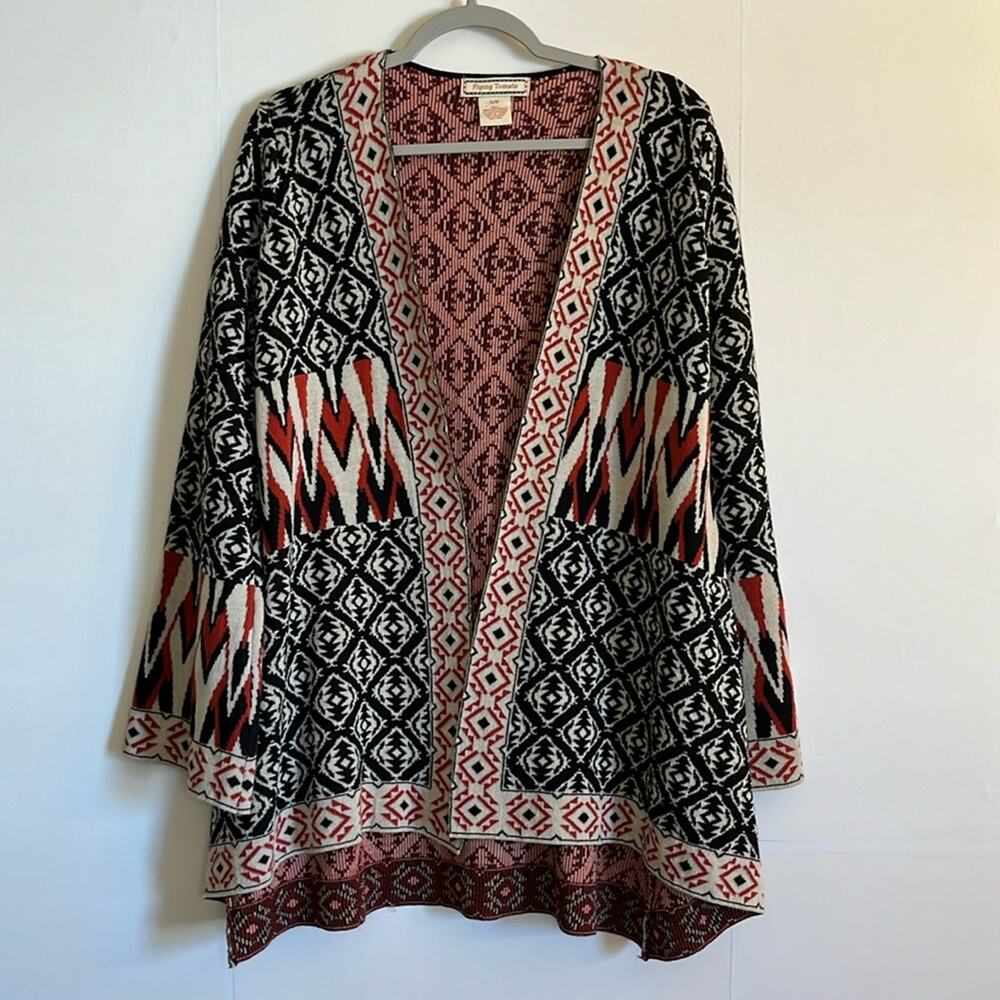 Flying Tomato Long Line Open Front Cardigan Size S/M Black Tan Red Western Boho